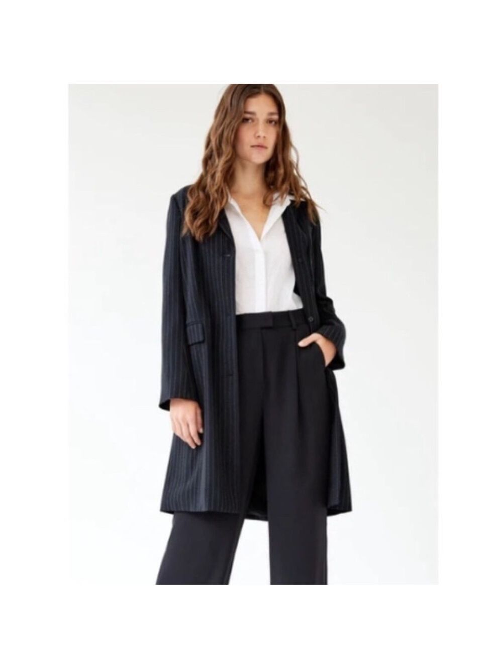 ARITZIA BABATON NAVY PINSTRIPE TRENT LONG JACKET